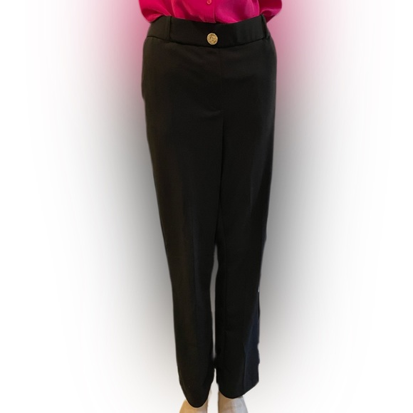 Ann Klein Black Curvy Fit Slim Leg Pants with Gold Button Belt Loops Pockets - Picture 1 of 10